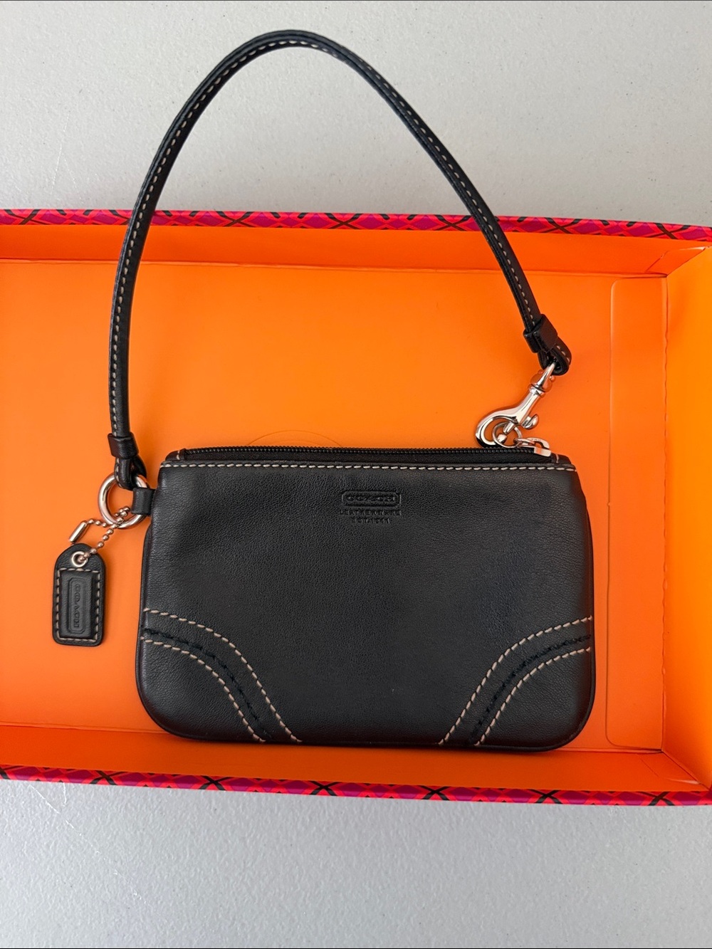 Coach Black Leather Wristlet with Contrast Stitching